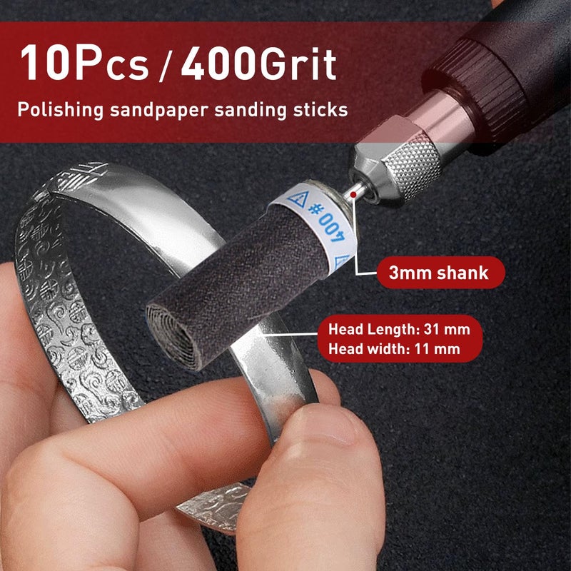 PONTASS 10Pcs 400 Grit Sanding Drums Sandpaper Sticks Set with 1/8"(3mm) Shank for Dremel Rotary Tool, Suitable for Metal Rust Removal/Jade Polishing/Stone Grinding - Image 3